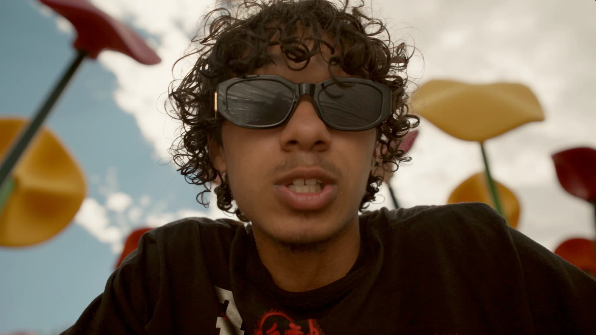 A rapper in black sunglasses looking into the camera from a low angle, with large red and yellow flowers and sky behind him, from the Your Way music video