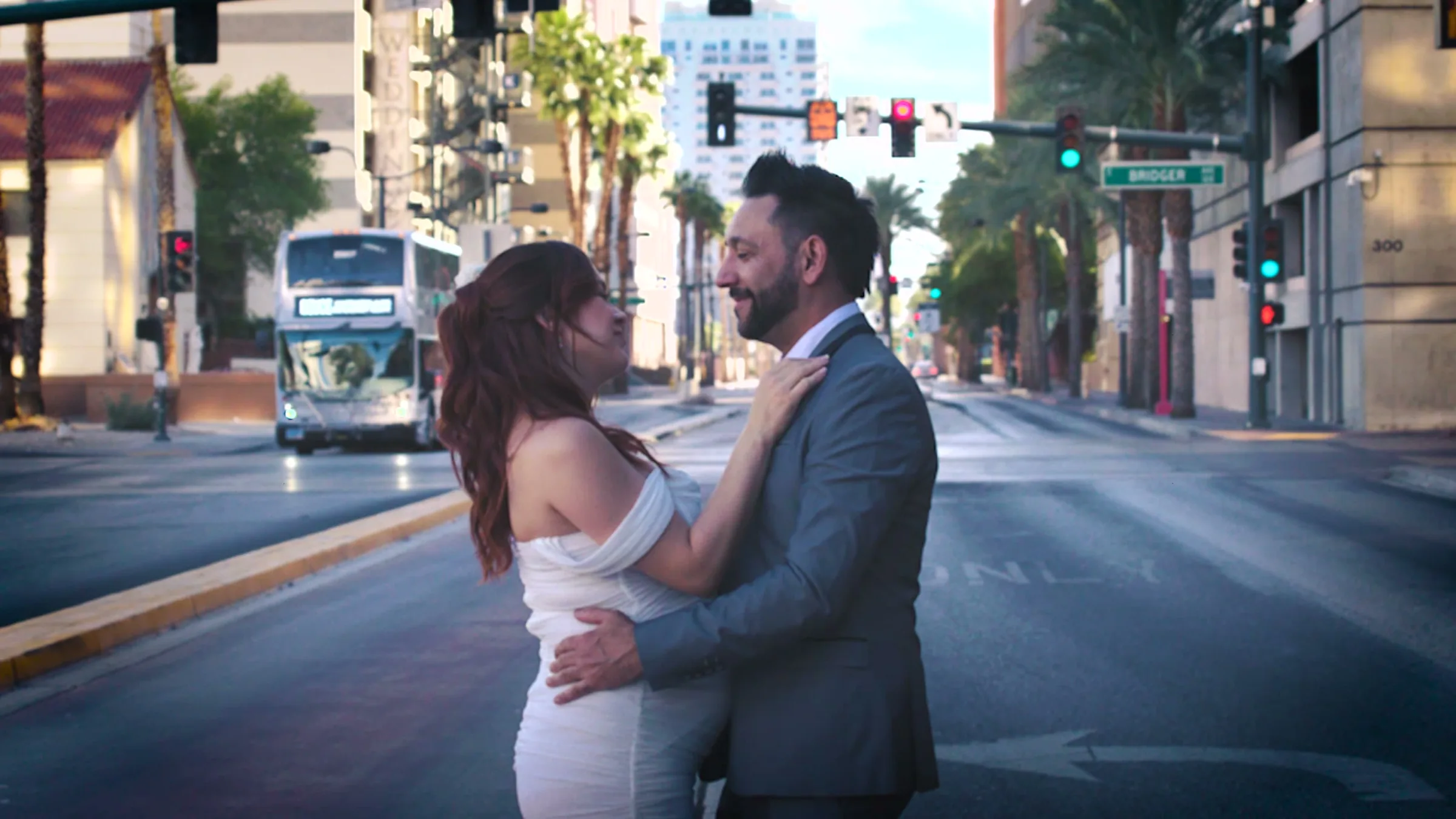 An embrace in the middle of a downtown street